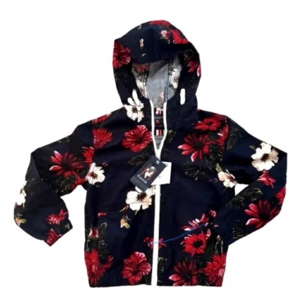 Denim & Flower Ricky Singh Lightwight Tropical Floral Navy Zip Hoodie Jacket S 7